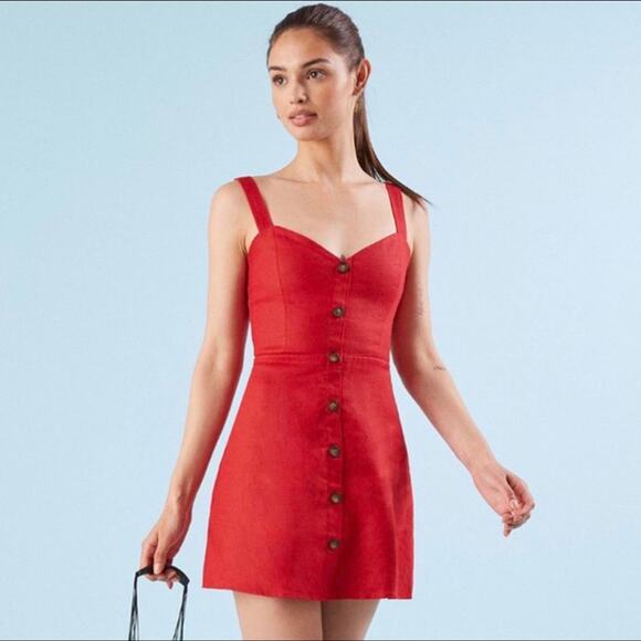 Reformation Red 100% Linen Finn Sweetheart Button Up Sleeveless Mini Dress Sz 2 - Picture 2 of 8